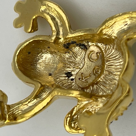 Vintage KC Brooch Gold Tone Frog Green Faux Cat Eye Jelly Belly Green Rhinestone - Picture 6 of 8